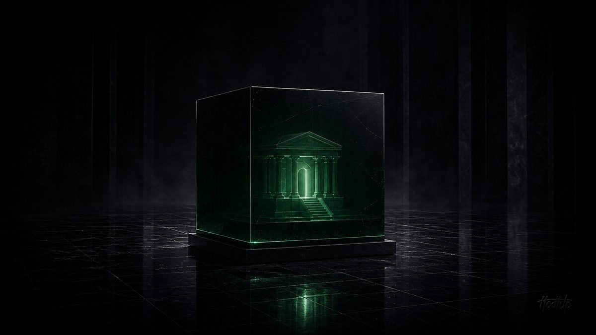 A classical bank building glowing green inside a transparent cube, representing tokenized real-world assets