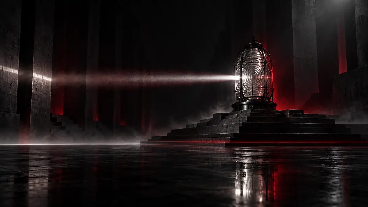 A lighthouse lens on a stepped plinth casting a beam through a dark columned hall lit red, representing prediction markets as a signal in uncharted waters