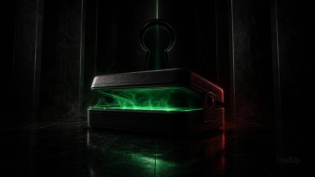 An open dark case spilling glowing green light, representing a compromised crypto wallet