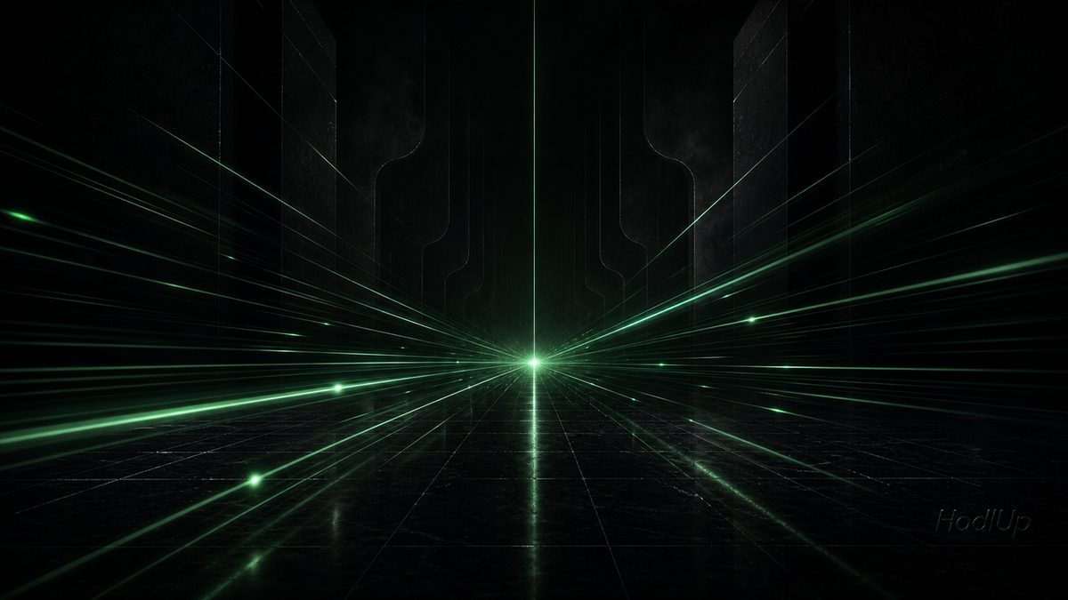 Green light streaks converging at speed toward a bright vanishing point, evoking fast, cheap Solana transactions