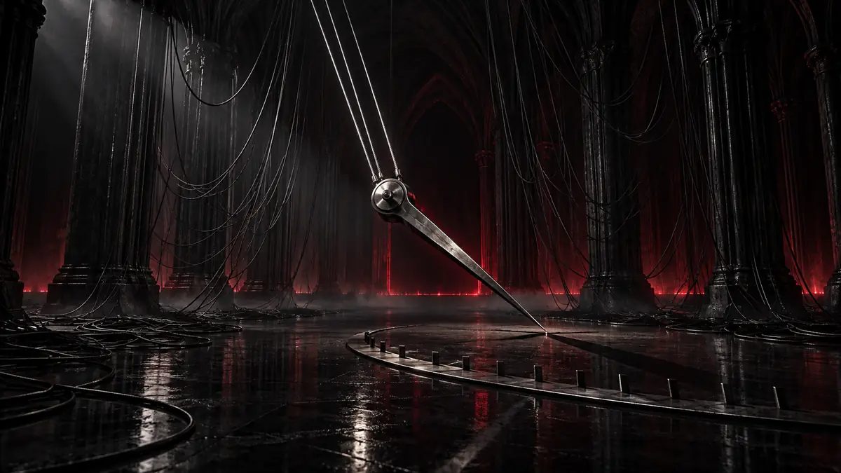 A blade-tipped pendulum hung on cables sweeping over a marked steel arc in a dark gothic hall lit red, representing the few traders who move prediction market prices